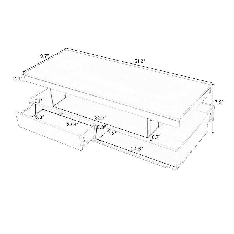 Modern Coffee Table with 2 Drawers and Display Shelves and LED Lights