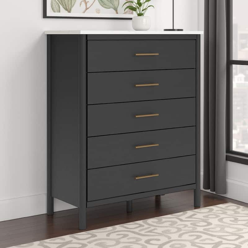 Mooran Tall Dresser Chest, 5 Drawers, Modern Marble Finish Top, Black