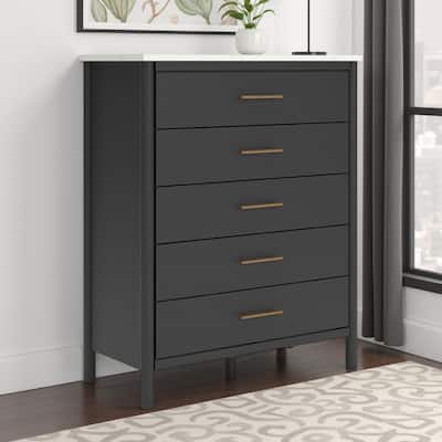 Mooran Tall Dresser Chest, 5 Drawers, Modern Marble Finish Top, Black