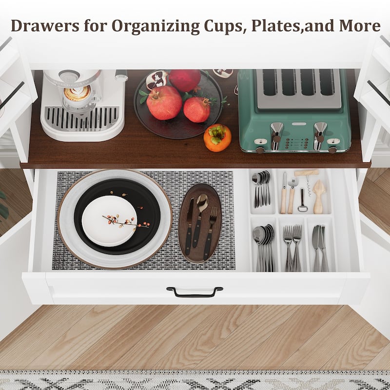 Gymojoy 70" Farmhouse Kitchen Pantry Cabinet With Operation Table & Power Outlet, Freestanding Cupboard