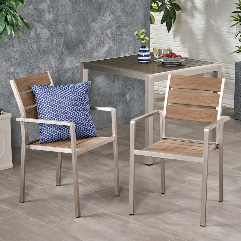 Roomfitters Outdoor Modern Aluminum Dining Chairs with Faux Wood Seat, Set of 2 in Natural and Silver