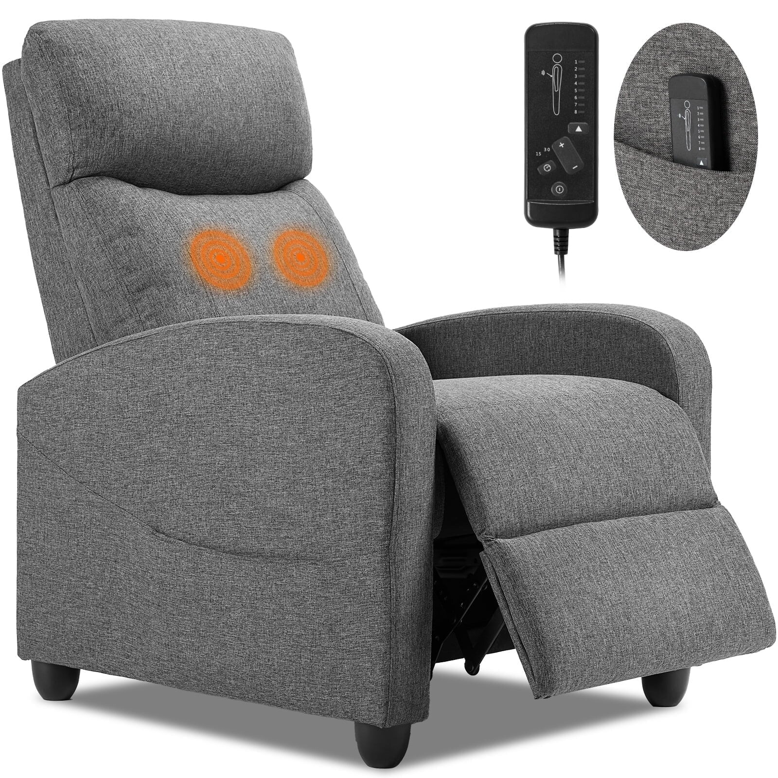 Small Massage Recliner Chair with Vibration Lumbar Support and Retractable Footrest, 160-degree Recline, Grey Upholstery