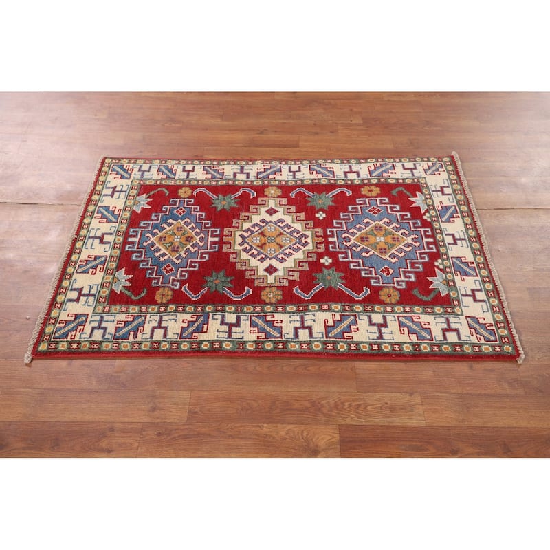 Geometric Red Kazak Accent Rug Hand-Knotted Foyer Wool Carpet - 2'9" x 4'1"