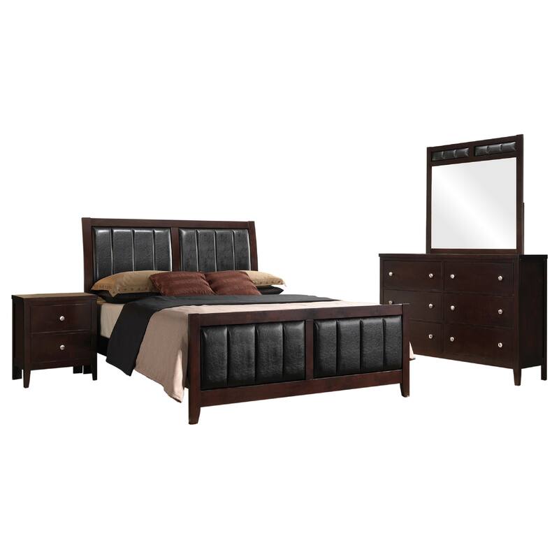 Con 4 Piece Queen Bedroom Set, Black Leather Upholstery, Dark Brown