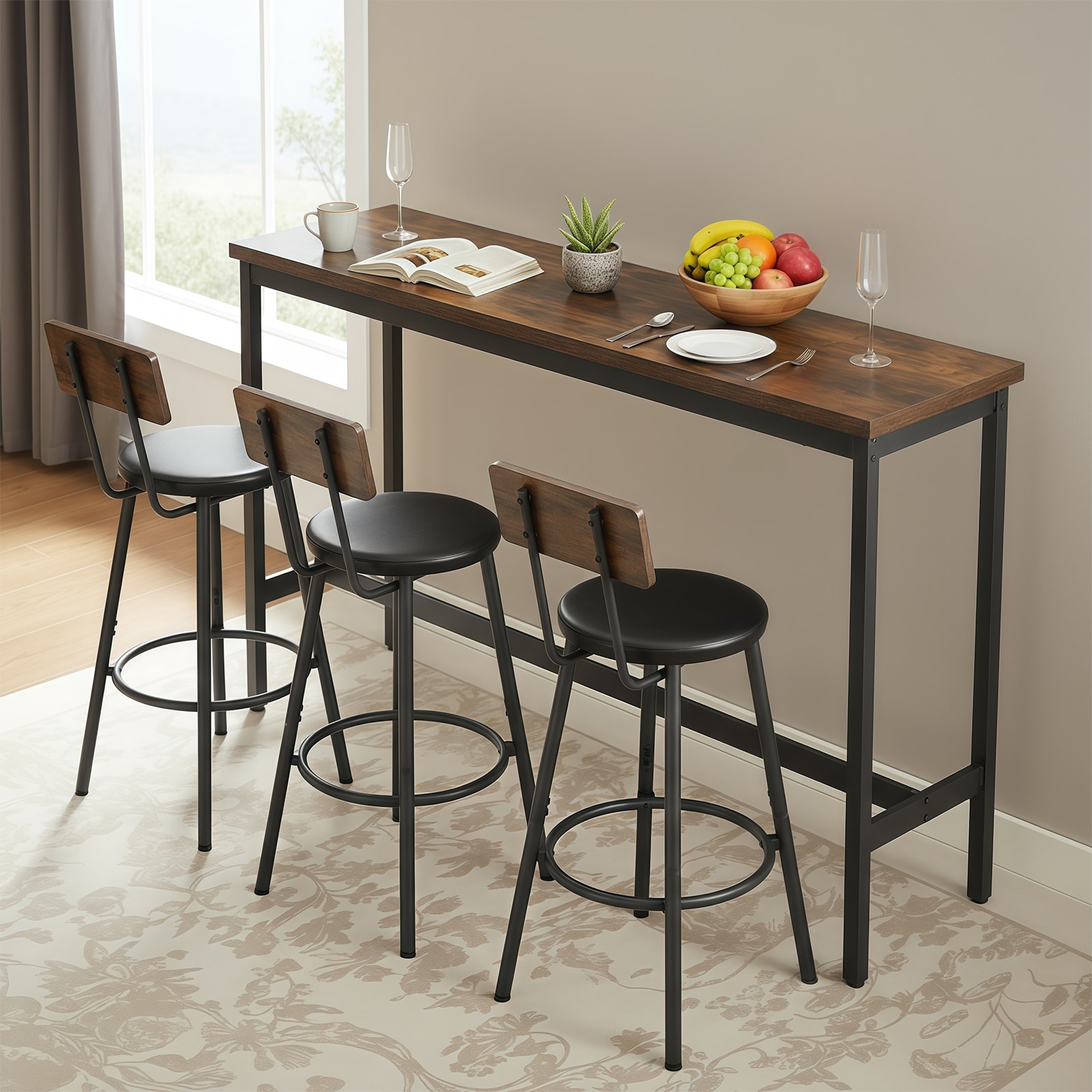 Bar Table and Chairs Set for 3, 4 Piece Industrial Dining Table Set with 3 PU Upholstered Bar Stools