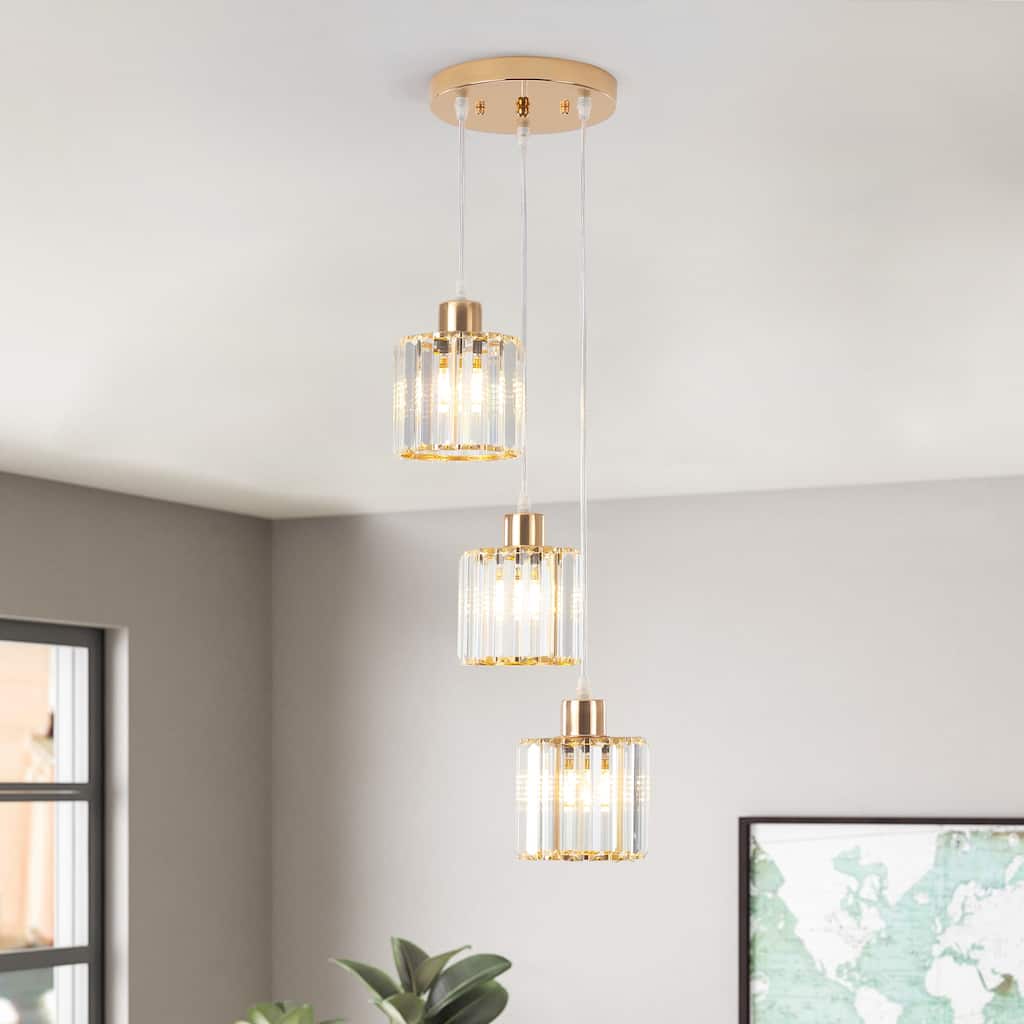 3-Light Modern Metal Hanging Pendant Light Ceiling Light Chandelier with Crystal Cover for Kitchen Island
