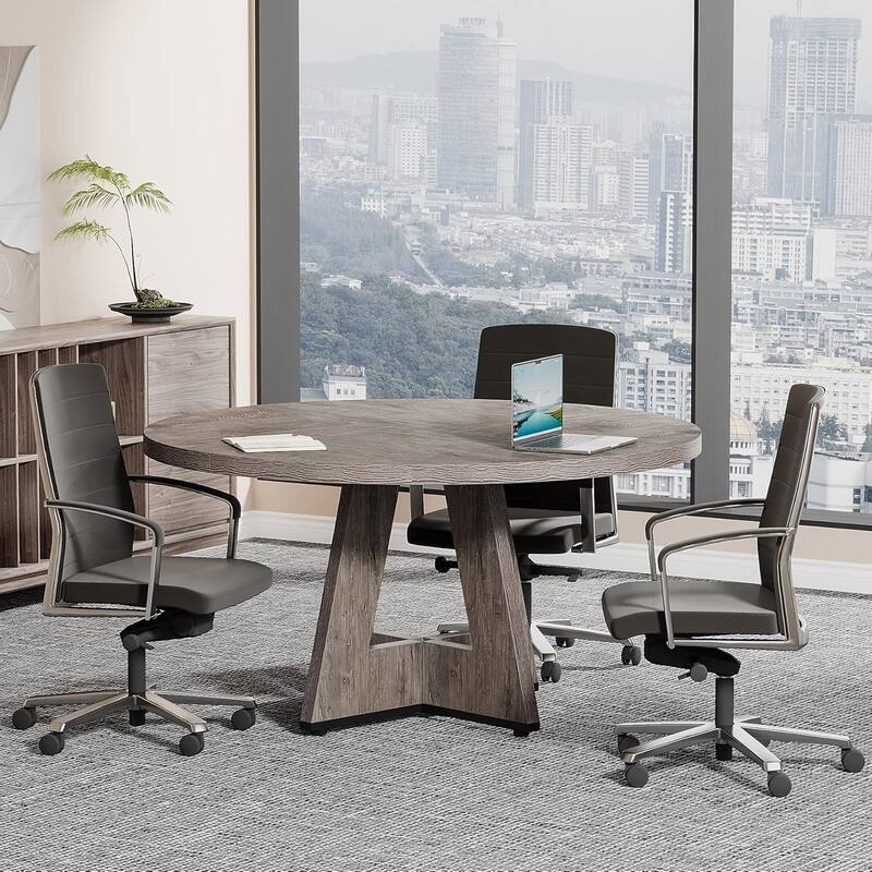 47" Round Conference Table Meeting Room Table with Thickened Top Wood Base Modern Training Desk for Conference/Seminar Room