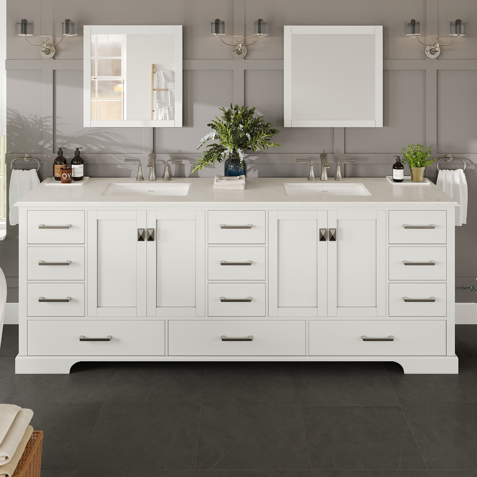 Eviva Storehouse 84"W Bath Vanity with White Carrara Quartz Top & Undermount Sink