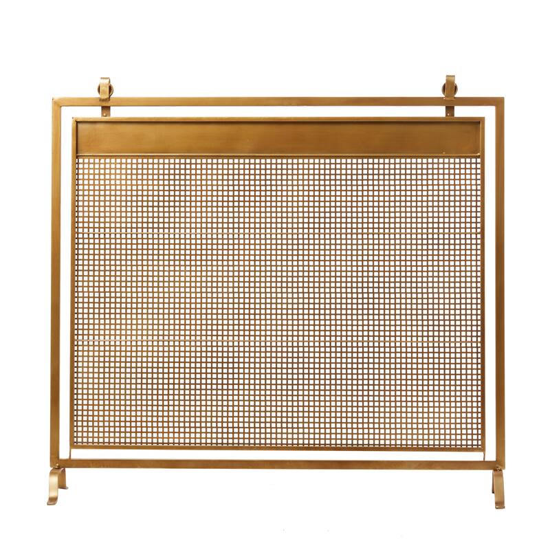Copper Metal Suspended Grid Style Netting Single Panel Fireplace Screen with Bolted Detailing