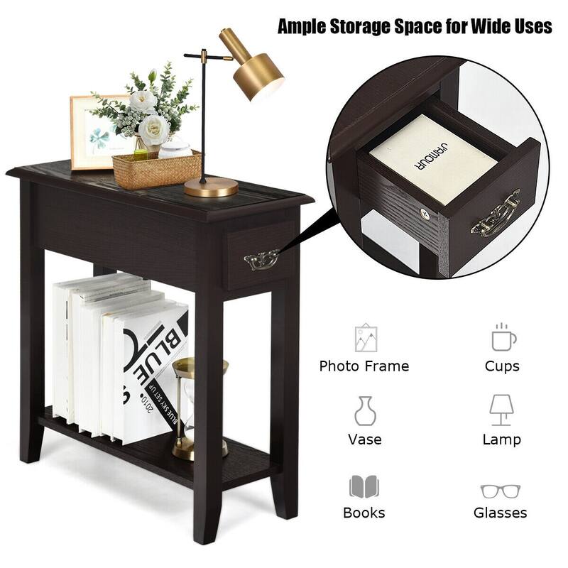 22" Set of 2 Vintage Style Woode Side End Table with Drawer and Open Shelf for Bedroom or Living