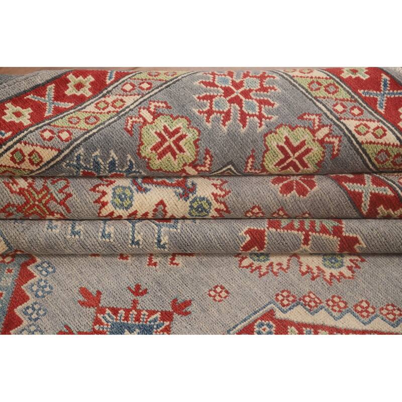 Geometric Kazak Oriental Area Rug Handmade Grey Wool Carpet - 8'2" x 10'0"