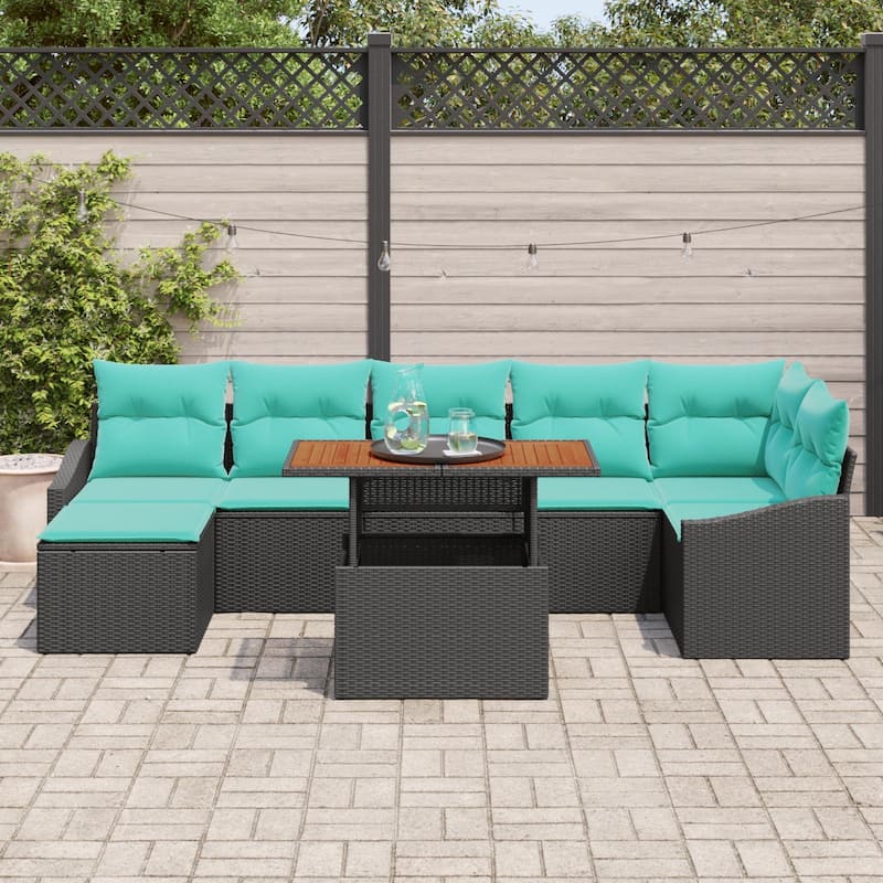 vidaXL 8 Garden Sofa Set with Cushions Black/Grey Poly Rattan - 113.6 x 48.6 x 27.2