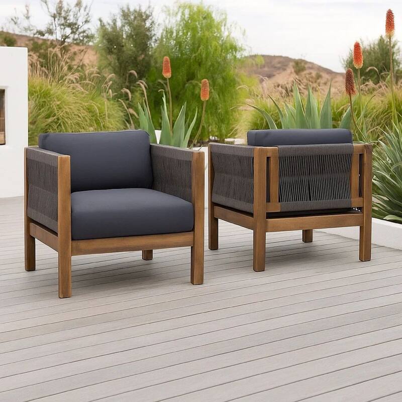 Outdoor Accent Chair Set of 2, Rope Weaving, Teak Brown Acacia Wood