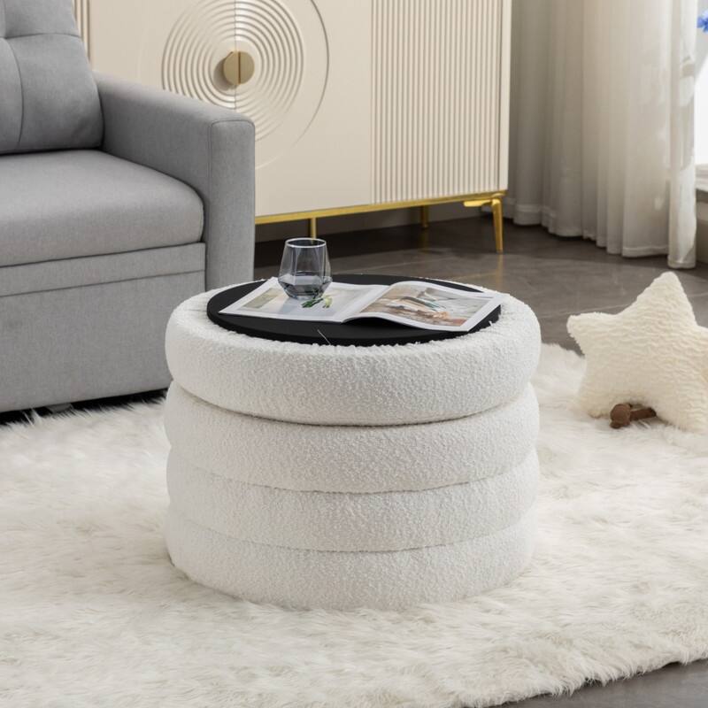 Boucle Fabric Storage Round Ottoman Footstool With Wooden Shelving