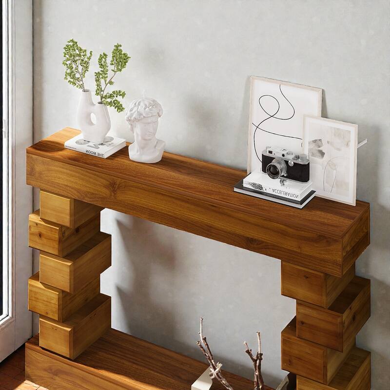 47" Geometric Block Stacked Wood Console Table with Warm Natural Finish, Modern Entryway & Living Room Accent Table
