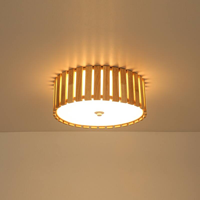 14.2" Rustic Boho Wooden Strips Cylindrical Drum Shade LED Flush Mount Ceiling Light for Living Room