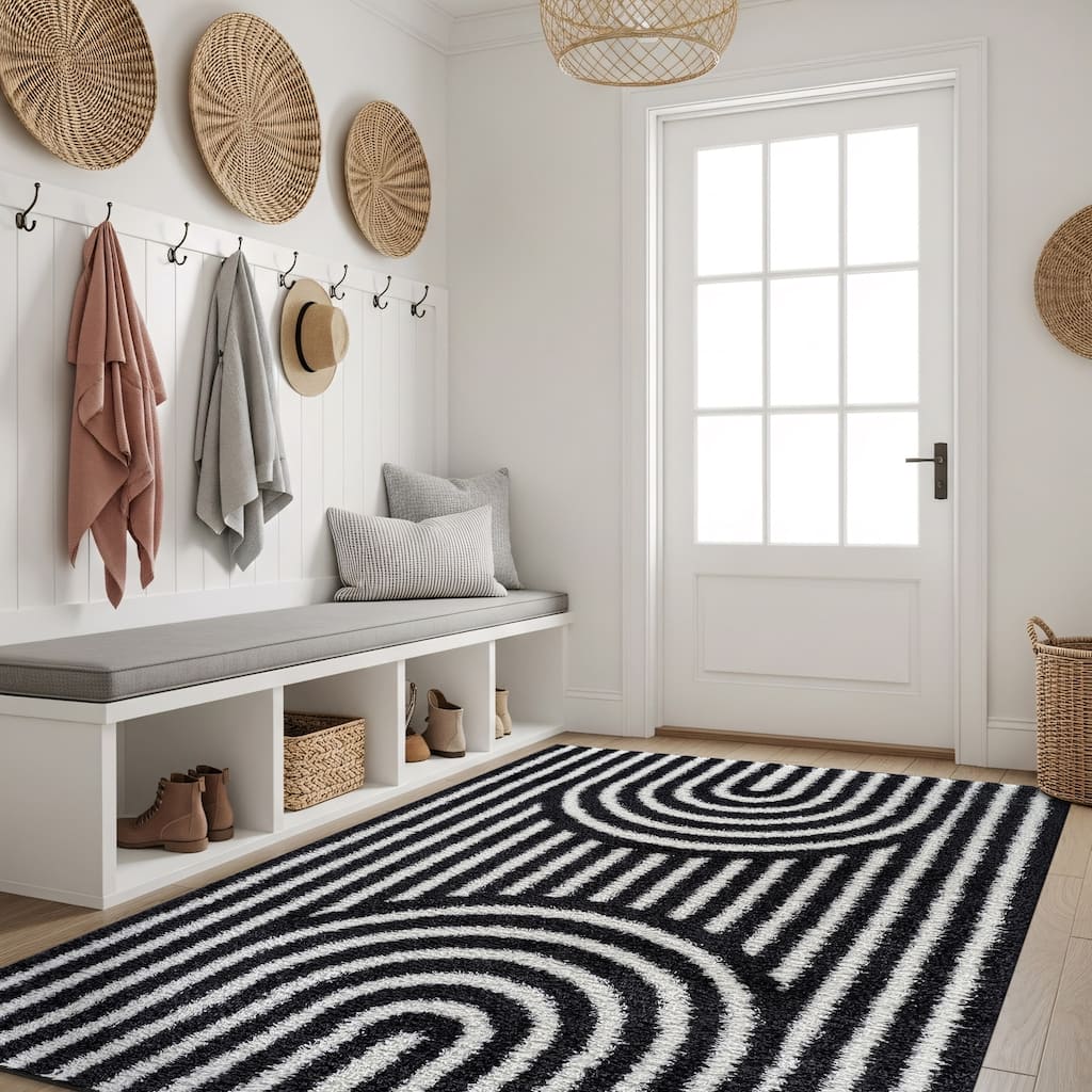 Abstract Arch Shag Rug - Medium Pile, Durable & Easy to Clean - Anthracite Dark Gray