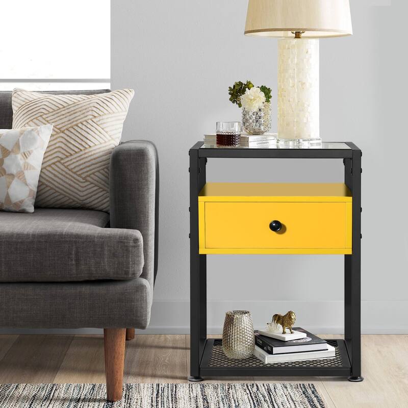 VECELO Modern 1- Drawer Nightstands with Tempered Glass Top