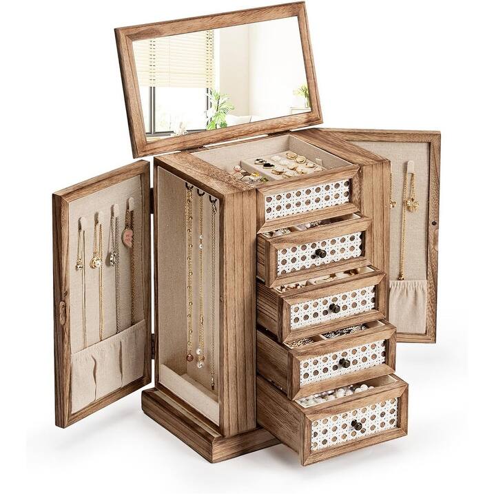 Rustic Organizer with Drawers and Mirror - ‎6.1"D x 10.2"W x 12.9"H - Rustic Brown