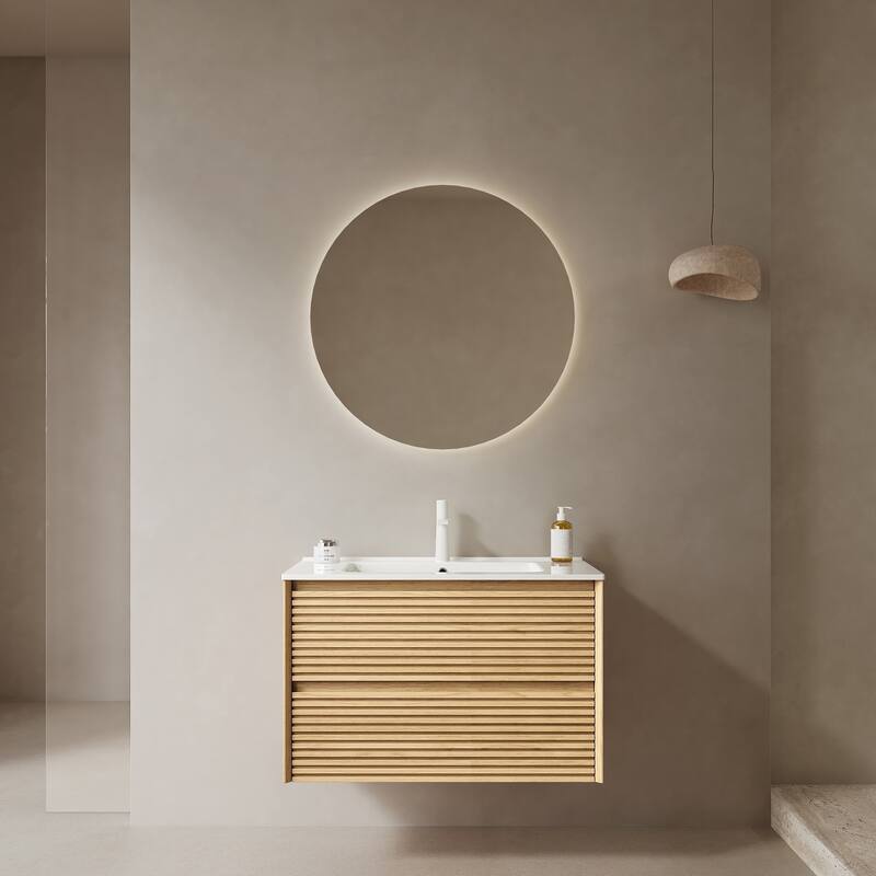 Wall-Mounted Bathroom Vanity Set with Integrated Ceramic Sink - 30" x 18" x 20" - Oak