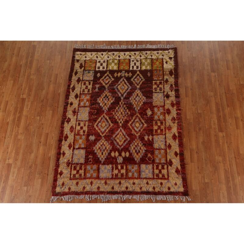 Hand Knotted Oriental 100% Wool Carpet Modern Tribal Red Moroccan Area Rug - 7' 8'' X 5' 8''