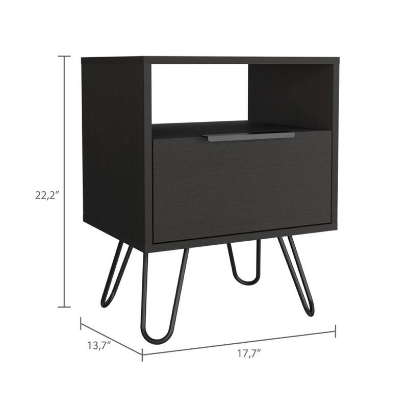 Modern Black Nightstand with Hairpin Legs, Drawer & Open Shelf - Compact Storage Solution for Bedroom or Living Room