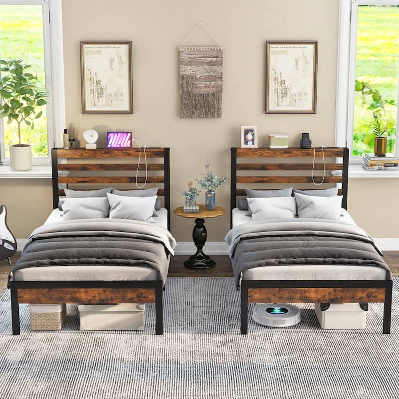Costway Full Industrial Metal Platform Bed Frame Charging Station