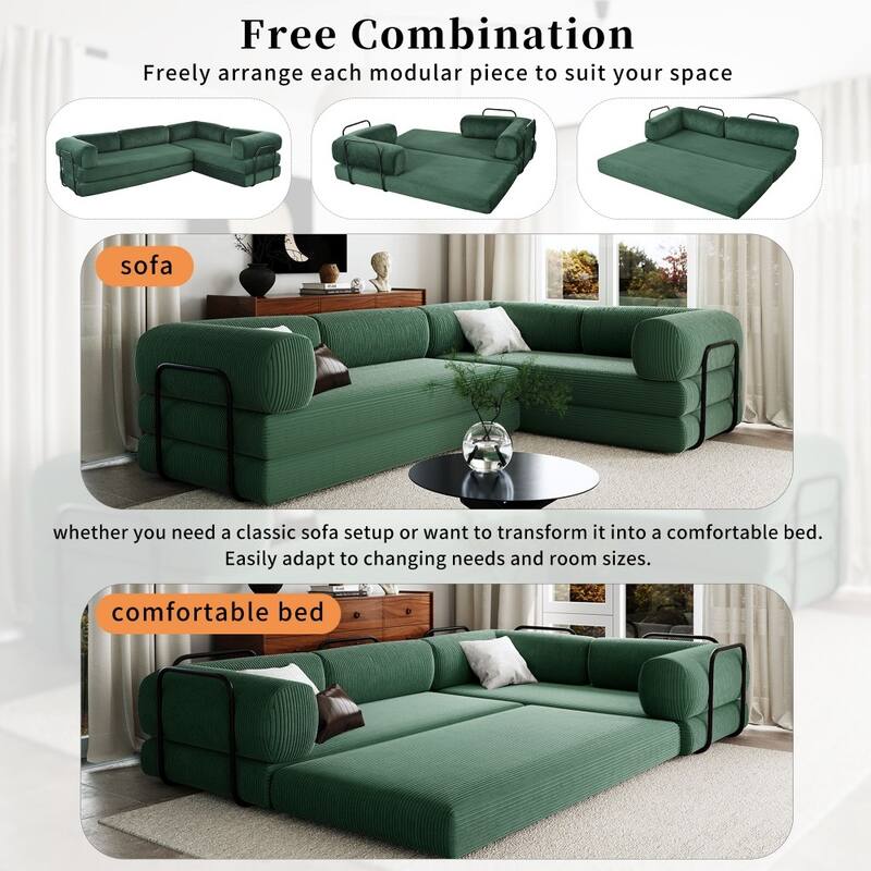 Modern Corduroy Fabric L-shaped Modular Convertible Sectional Sofa Bed for Living Room