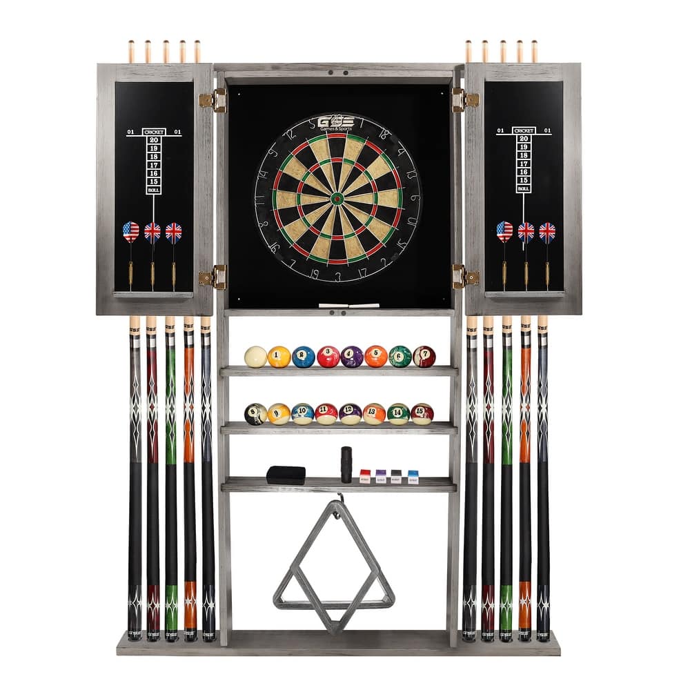 GSE™ 10-Cue Wall Mounting Billiard Cue Rack & Dart Board Cabinet Combination. Hanging Wall Pool Stick Holder & Dartboard Cabinet