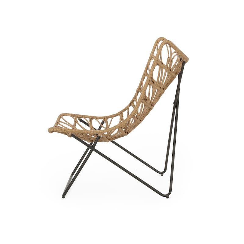 Fordy Outdoor Chair Set of 2, Curved Seat, Brown Rattan, Black Metal