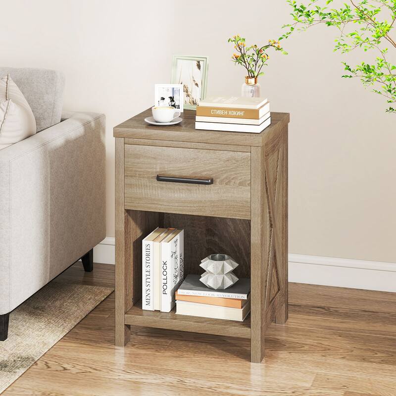 Gymax Nightstand Sofa Side Table Rustic End Table w/ Drawer & Shelf