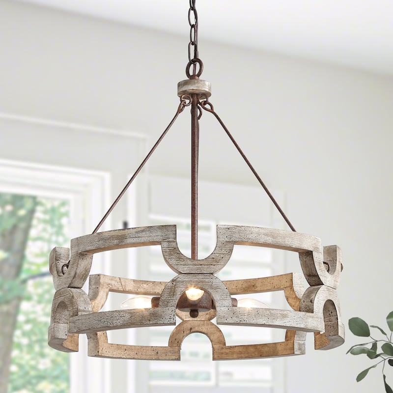 Farmhouse 3-Light Wood Drum Chandelier for Dining Room Kitchen Island