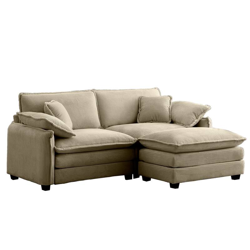Tan 3-piece Corduroy Upholstered L-Shaped Modular Sectional Sofa with Removable Ottoman, 4 Pillows, and Free Combination