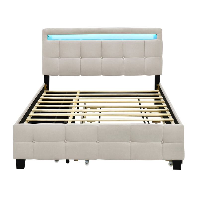 Queen Size Linen Upholstered Platform Bed with Twin XL Trundle and 2 Drawers Wood Storage Bed Frame with LED & Tufted Headboard