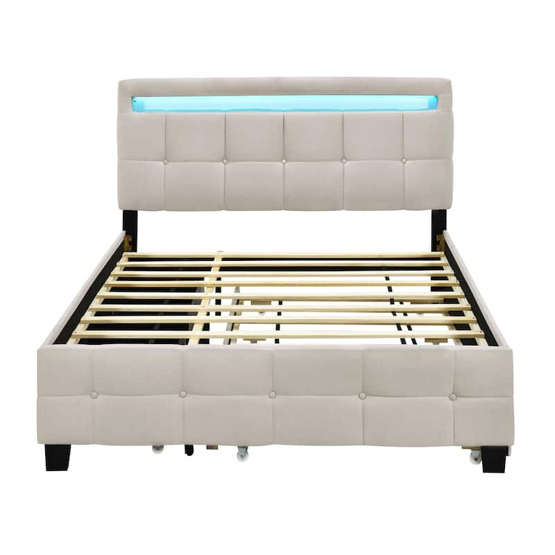 Queen Size Upholstered Platform Bed with LED Lighting and Twin XL Trundle