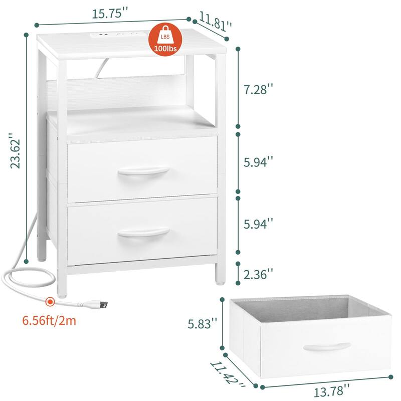 Nightstand with Charging Station,LED Night Stand with Fabric Drawers and Storage Shelf,Nightstands Bedside Tables with USB Ports