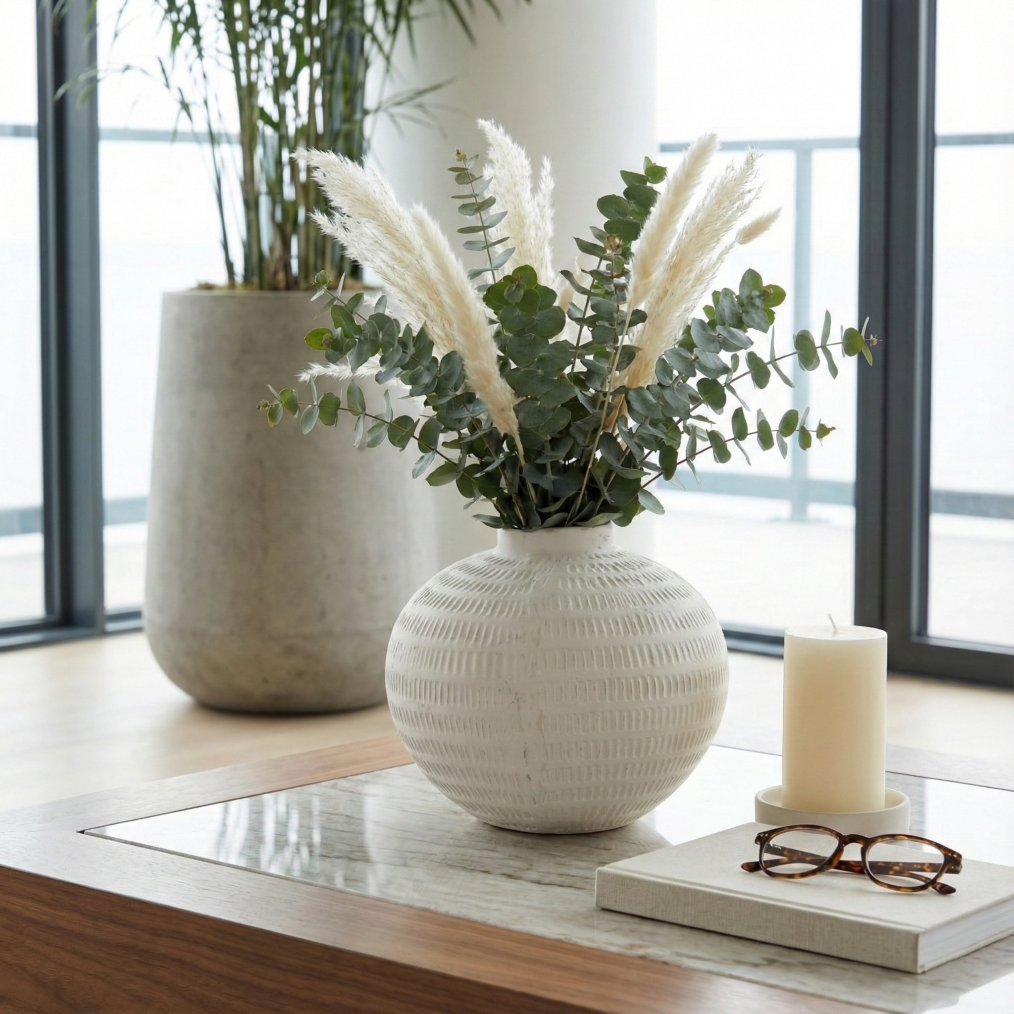 Decorative Vase - White Ceramic Textured Design, 10 in.