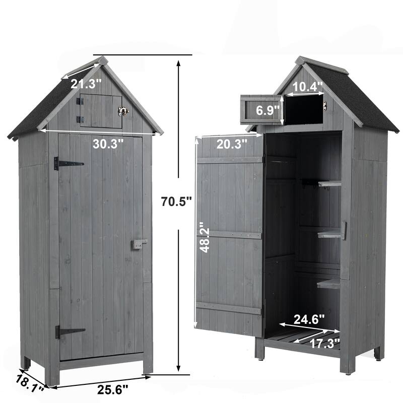 Wooden Tool Shed, Outdoor Waterproof Storage Cabinet With 3 Compartments, Sloping Roof, Lockable Garden Tool Shed