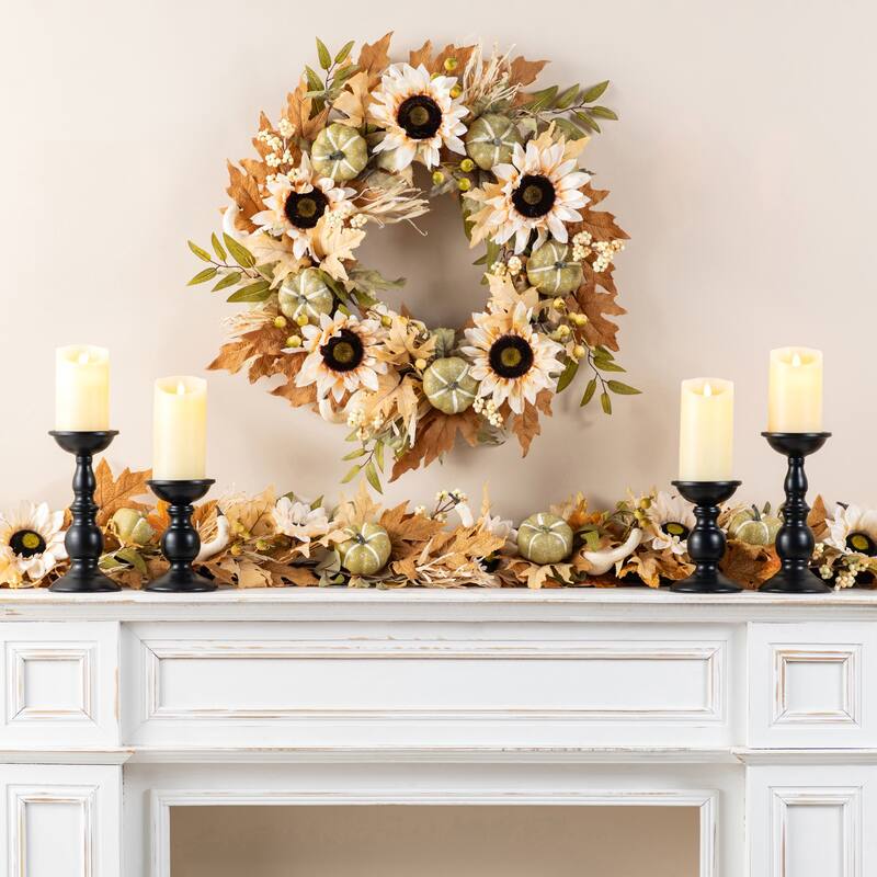 Glitzhome Fall Sunflower Pumpkin Floral Aritificial Garland or Swag Wreath with Free Hanger