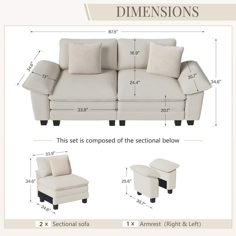 MAISON ARTS Cloud Modular Deep Seat Sofa, Chenille or Corduroy Sectional Couch with Removable Arms, 1–4 Seater