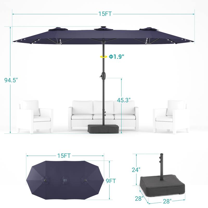 BONOSUKI 15×9FT LED Double-Sided Patio Umbrella with BASE Enhance Your Outdoor Oasis-Stylish
