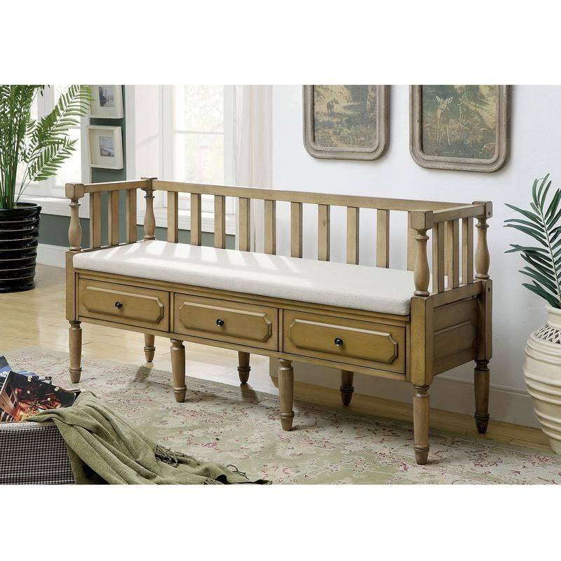 Kram Farmhouse Fabric Padded 3-Drawer Storage Bench by Furniture of America - Natural