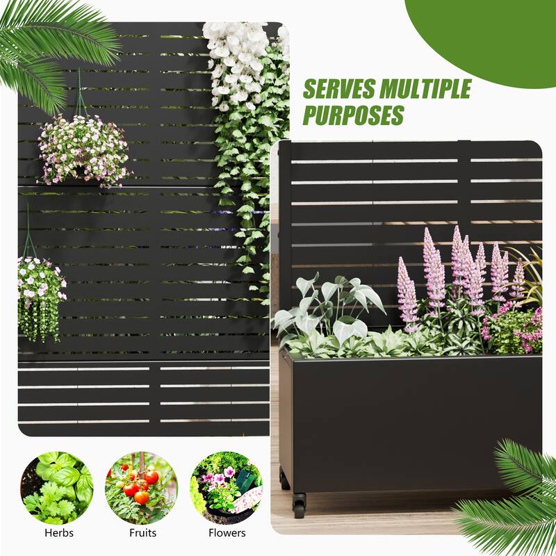 Privacy Screen Planter with Trellis Metal Planter Box with 360° Lockable Wheels & Drainage Holes Raised Garden Bed - 72"x47"
