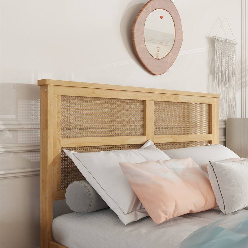Roomfitters Full Rubber Wood Bed with Rattan Headboard, Underbed Storage Design, Reinforced Slats and Support Feet