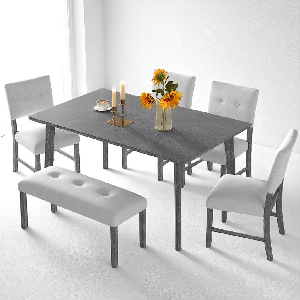 Solid Wood Dining Table Set for 6, Farmhouse Kitchen Table with 4 Upholstered Chairs and Bench, Rustic Finish