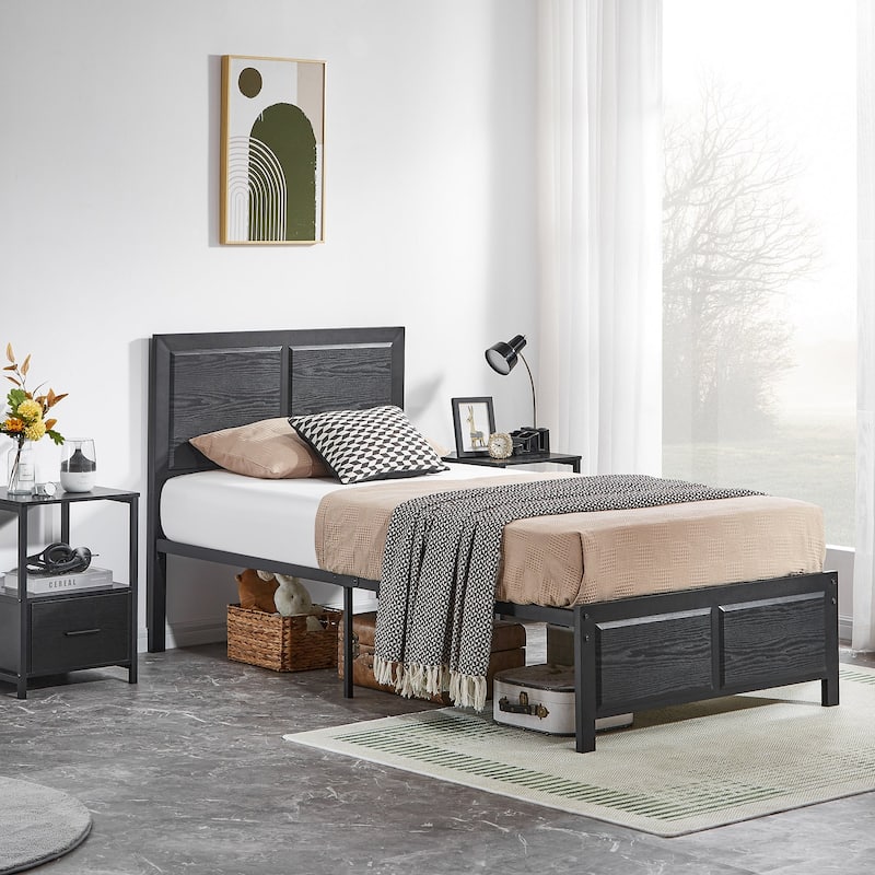 Bedroom Set of 3 Wood Headboard Platform Bed Frame Set of 2 Nightstands with Charging Station USB Port