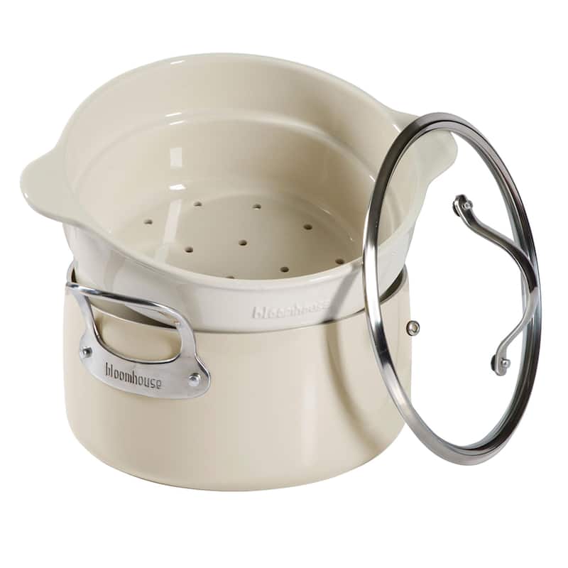 Bloomhouse 6-QT Aluminum Dutch Oven w/ Non-Stick Non-Toxic Ceramic Interior and Ceramic Steamer Insert - White