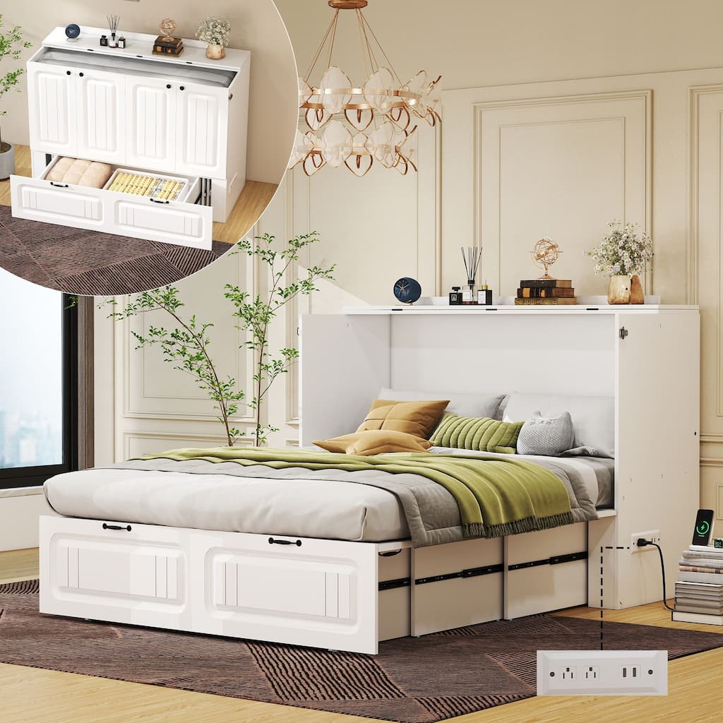 Murphy Bed Full Size with Storage Drawers Space Saving Cabinet Bed with Easy Pull Out Mechanism for Bedroom