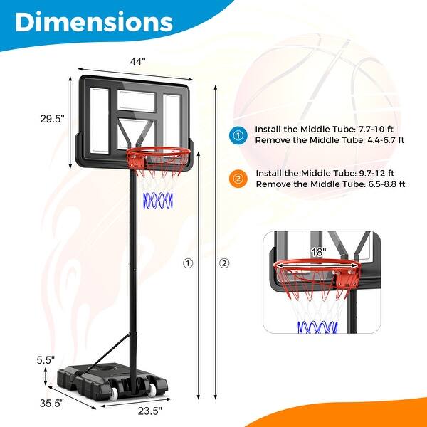 Black Adjustable and Portable Basketball Hoop with 2 Wheels and Fillable Base - 35.5"W x 44"L x 120"H