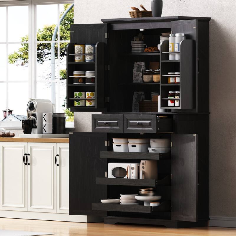 71"Tall Kitchen Pantry Cabinet with 3 Pull Out Cabinet Organizers,Cabinet with 6 Door Shelves,2 Drawers,Freestanding Cupboard - Black